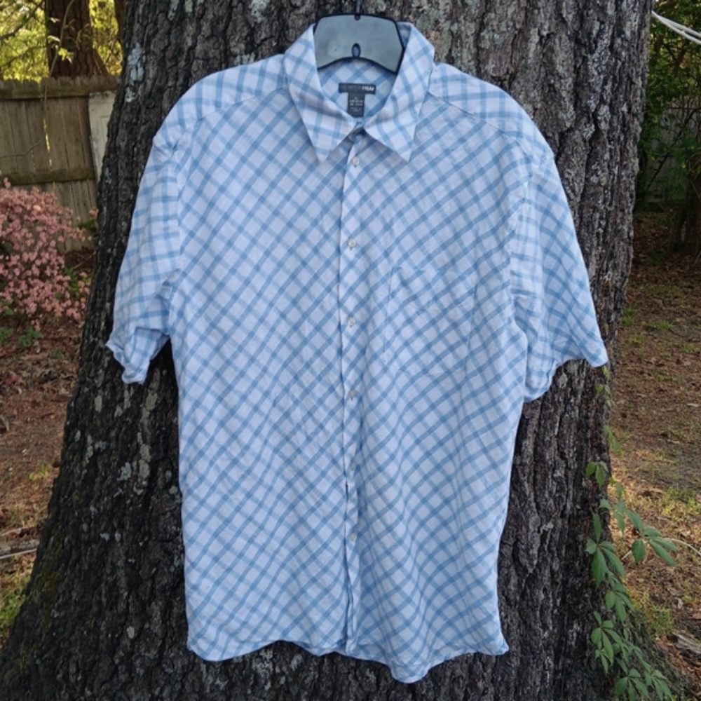 H&M Men's Blue Checkered Short Sleeve Shirt XL